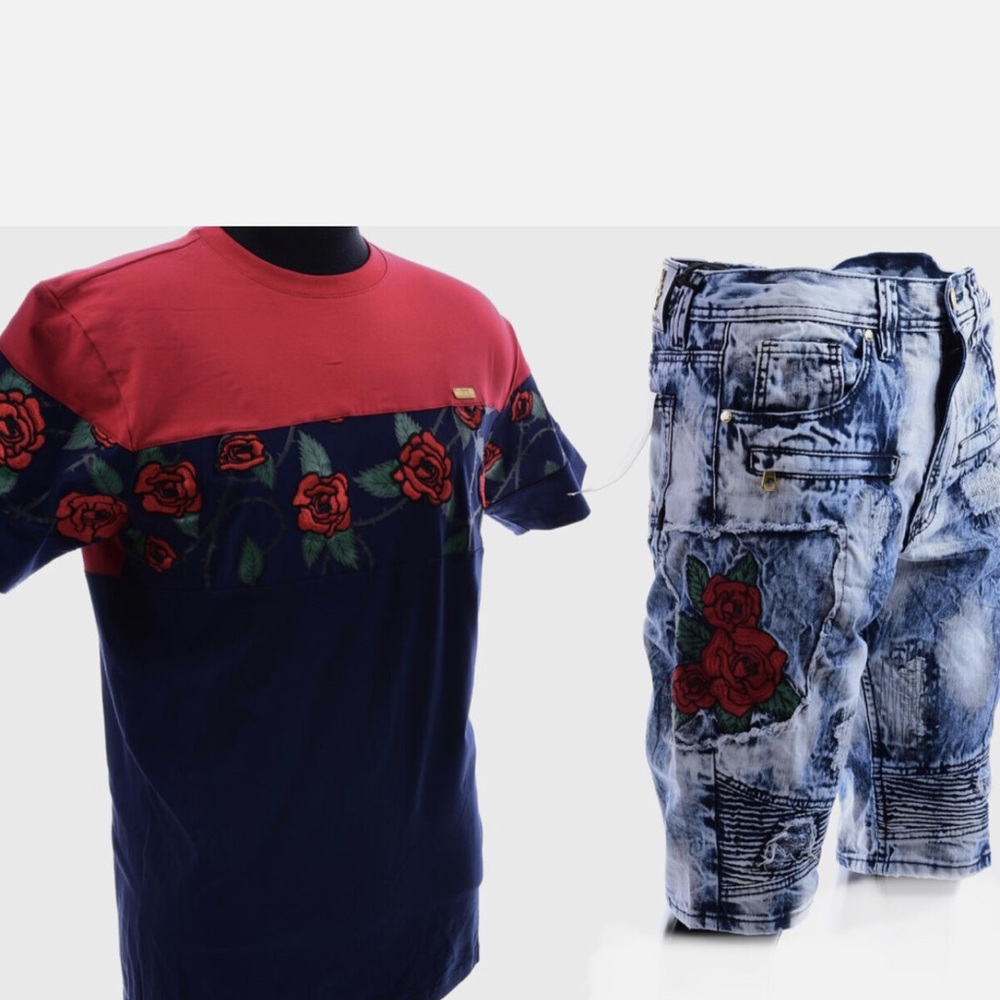 Blue and Red Jean Shorts with Distressed Moto Design